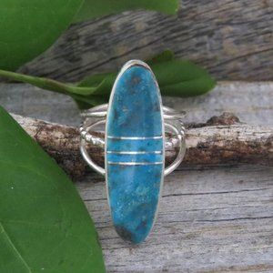 Navajo Kingman Turquoise Inlay Sterling Silver Long Ring Size 6 3/4
